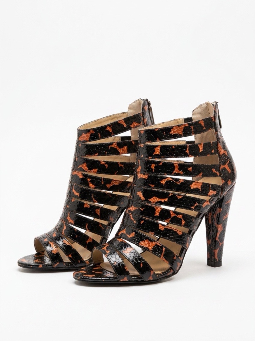 Colin Stuart Black and Orange Animal Print Strappy Peep-Toe High Heel Booties